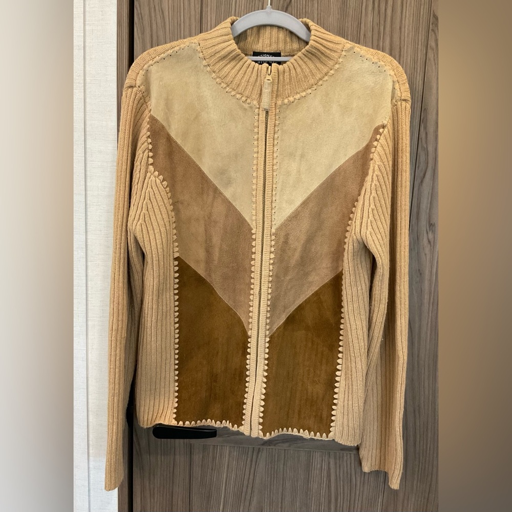 Studio Design Original Womens ZIP Up Cardigan With Genuine Leather Front Size M